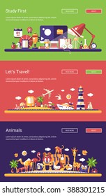 Vector modern flat design headers set. School and college, travel, wild animals