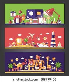Vector modern flat design headers set. School and college, travel, wild animals