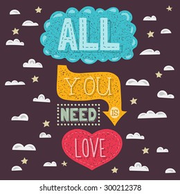 Vector modern flat design hipster illustration with phrase All you need is love