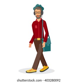 Vector modern flat design hipster wearing headphones listening music. Cartoon character of music lover enjoying his favorite track. Music lover hipster walking in the street with headphones