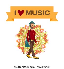 Vector modern flat design hipster wearing headphones listening music. 