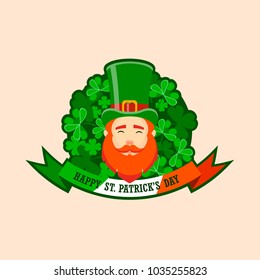 Vector modern flat design icon on Saint Patrick's Day character leprechaun with green hat, red beard on the background of a green clover.
