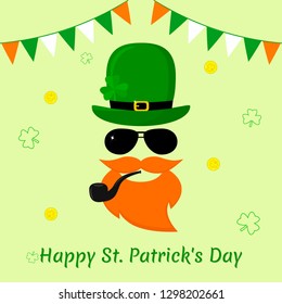 Vector modern flat design icon for St. Patricks Day. Leprechaun character with green hat with clover, dark glasses, red beard, smoking pipe and without a face.