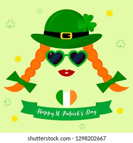 Vector modern flat design icon for St. Patricks Day. Girl leprechaun character with a green hat with a clover, dark glasses in the shape of a heart, red lips, red pigtails and without a face.