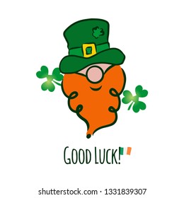 Vector modern flat design icon on Saint Patrick's Day character leprechaun with green hat, red beard. good luck text