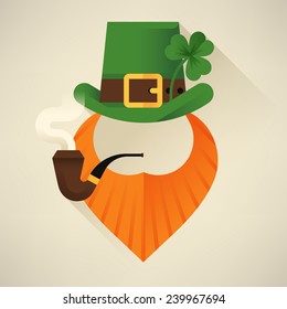 Vector modern flat design icon on Saint Patrick's Day character leprechaun with green hat, red beard, smoking pipe and no face
