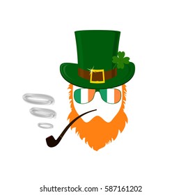 Vector modern flat design icon on Saint Patrick's Day character leprechaun with glasses, green hat, red beard, smoking pipe and no face.