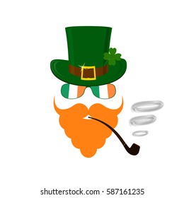 Vector modern flat design icon on Saint Patrick's Day character leprechaun with green hat, red beard, smoking pipe and no face.