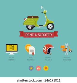 Vector modern flat design icons on city scooter rental public service | Scooter hire company online booking basic insurance roadside assistance helmet like and share graphics for website 