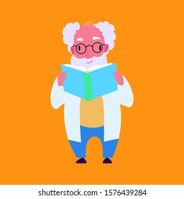Vector modern flat design illustration on scientist reading the book. Human male holding book. Vector illustration
