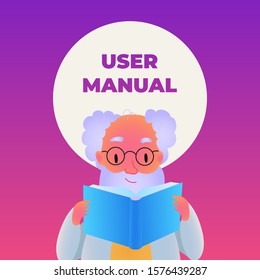 Vector modern flat design illustration on scientist reading the manual book. Human male holding book. Vector illustration