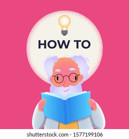 Vector modern flat design illustration on scientist reading the book. Human male holding book. Vector illustration