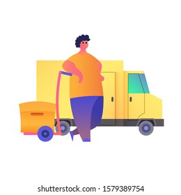 Vector modern flat design illustration Men with Lift trolley and Boxes. Delivery Service. Vector illustration