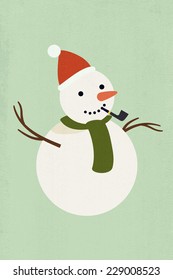 Vector modern flat design illustration on cute snowman with smoking pipe, green scarf and red christmas cap