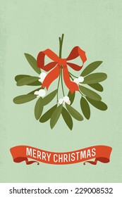 Vector modern flat design illustration on christmas mistletoe with red bow and 'merry christmas' title on ribbon 