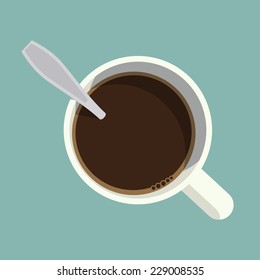 Vector modern flat design illustration on mug with black coffee an spoon in it, top view 