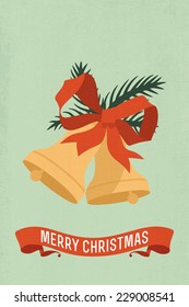 Vector modern flat design illustration on christmas jingle bells with red bow, evergreen branch and 'merry christmas' title on ribbon 