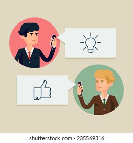 Vector modern flat design illustration on two business men in idea approval process | Digital media, mobile and social network usage in business and industry management 