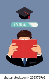 Vector modern flat design illustration on learning process featuring man reading the book with red empty cover that hides his face, graduation cap, and learning progress bar