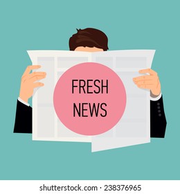 Vector modern flat design illustration on male human reading news | Man holding newspaper with his face hidden