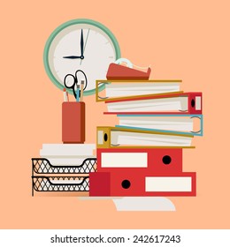 Vector modern flat design illustration on office papers, folders and stationery featuring wall clock, documents tray and more