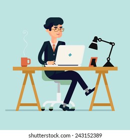 Vector modern flat design illustration on businessman character working with laptop featuring office table with work lamp, coffee mug, and photo frame