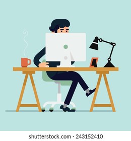 Vector modern flat design illustration on businessman character working with desktop computer featuring office table with work lamp, coffee mug, and photo frame