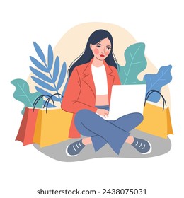 Vector Modern flat design illustration of a woman sitting with a laptop and shopping online. Online shopping concept illustration.