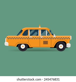 Vector modern flat design illustration on retro taxi cab, isolated | Classic yellow taxi cab icon 