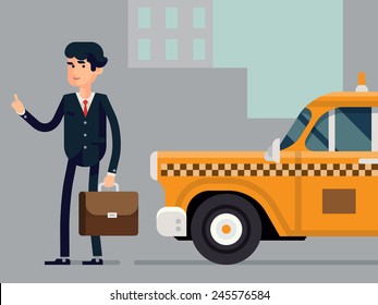 Vector modern flat design illustration of businessman with briefcase calling taxicab | Man in suit catching taxi on the street