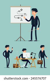 Vector modern flat design illustration on male business man in various poses featuring working on computer, standing with briefcase, walking with mobile phone, giving presentation