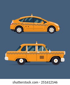 Vector Modern Flat Design Illustration On Commercial Transport Retro Taxi Cab And Contemporary Modern Eco Friendly Hybrid Taxi Cab, Isolated, Side View