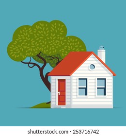 Vector modern flat design illustration on suburban residential real estate and housing featuring classic small house building with tree | Real estate web icon