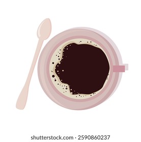 Vector modern flat design illustration on mug with black coffee an spoon, top view