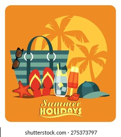 Vector modern flat design illustration of traditional beach vacation.