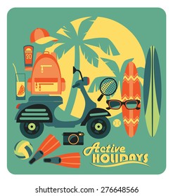 Vector modern flat design illustration of active summer holidays.