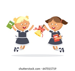 Vector modern flat design illustration on female business woman in various poses. Business woman walking browsing his mobile device, working on desktop computer, standing full length with case in hand