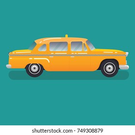 Vector modern flat design illustration on retro taxi cab. New York public city transport taxi service vehicle