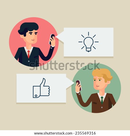 Vector modern flat design illustration on two business men in idea approval process | Digital media, mobile and social network usage in business and industry management 