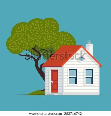 Vector modern flat design illustration on suburban residential real estate and housing featuring classic small house building with tree | Real estate web icon