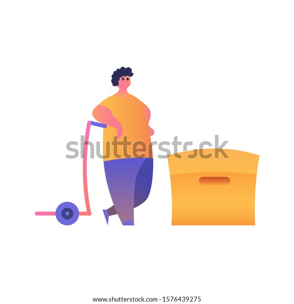 Vector modern flat design\
illustration Men with Lift trolley and Box. Delivery Service.\
Vector