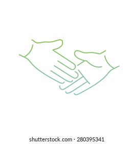 vector modern flat design linear icon of handshake touch gesture | thin line pictogram with green and blue gradient isolated on white background
