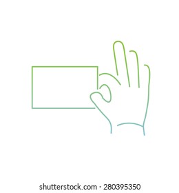 vector modern flat design linear icon of hand holding a card gesture | thin line pictogram with green and blue gradient isolated on white background
