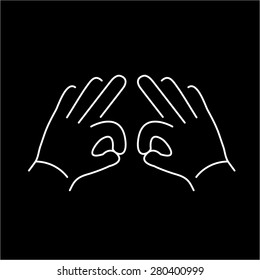 vector modern flat design linear icon of two hands creasing gesture | white thin line pictogram isolated on black background