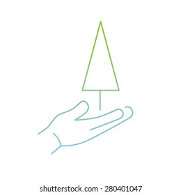 vector modern flat design linear icon of tree growing on hand | thin line pictogram with green and blue gradient isolated on white background