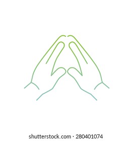vector modern flat design linear icon of praying hand gesture | thin line pictogram with green and blue gradient isolated on white background