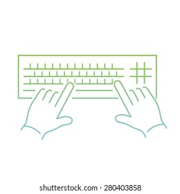 vector modern flat design linear icon of hand writing on keyboard gesture | thin line pictogram with green and blue gradient isolated on white background