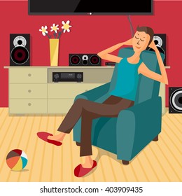 Vector modern flat design man listens to music at home using a stereo system. Cartoon character of music lover. Music lover man listens to music with stereo system while sitting in chair