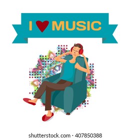 Vector modern flat design man wearing headphones listening music. 