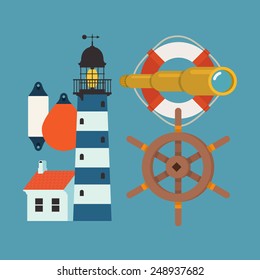 Vector modern flat design nautical maritime items featuring lighthouse, spyglass and lifebuoy